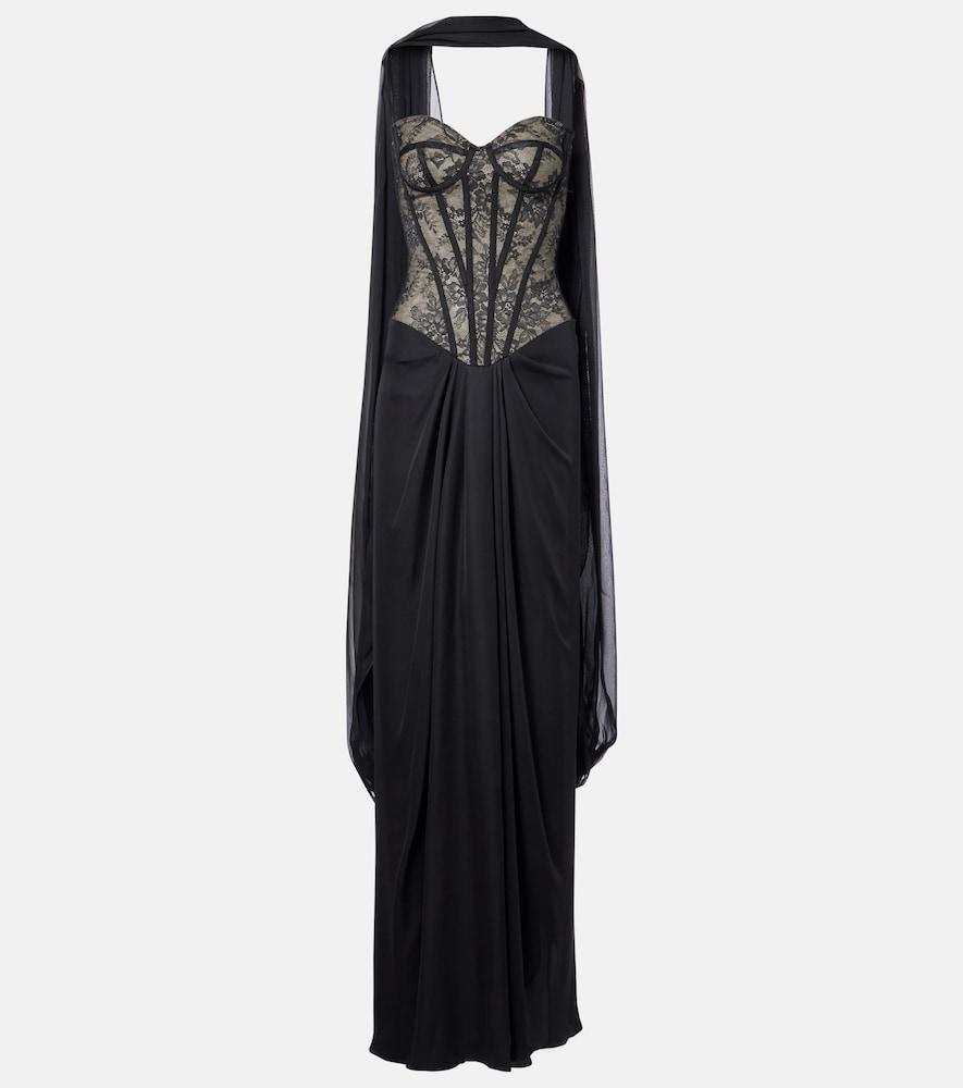 monique lhuillier scarf-detail draped lace gown