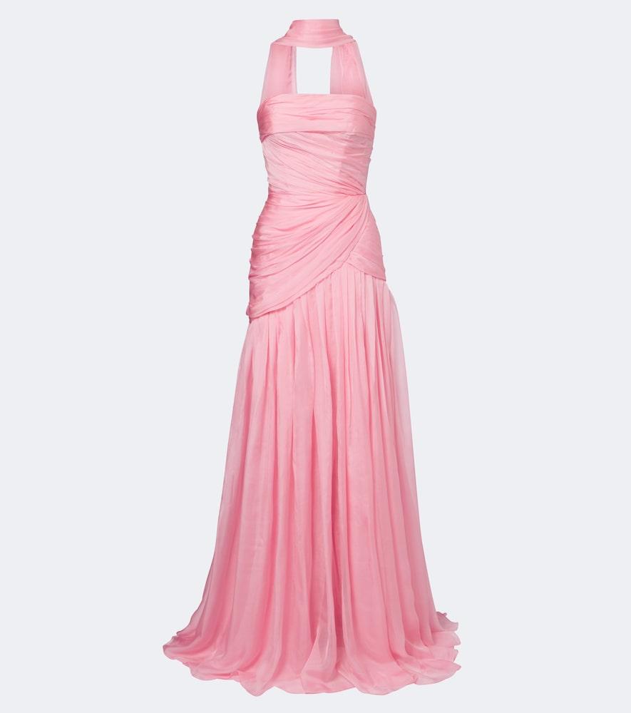monique lhuillier scarf-detail draped silk bustier gown