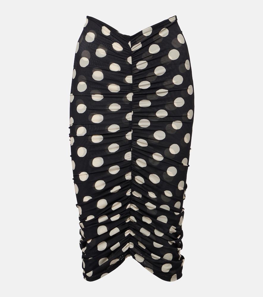 montce polka-dot ruched mesh midi skirt