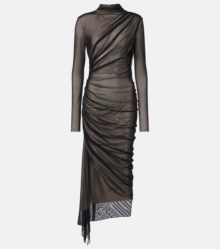 mugler asymmetrical mesh midi dress