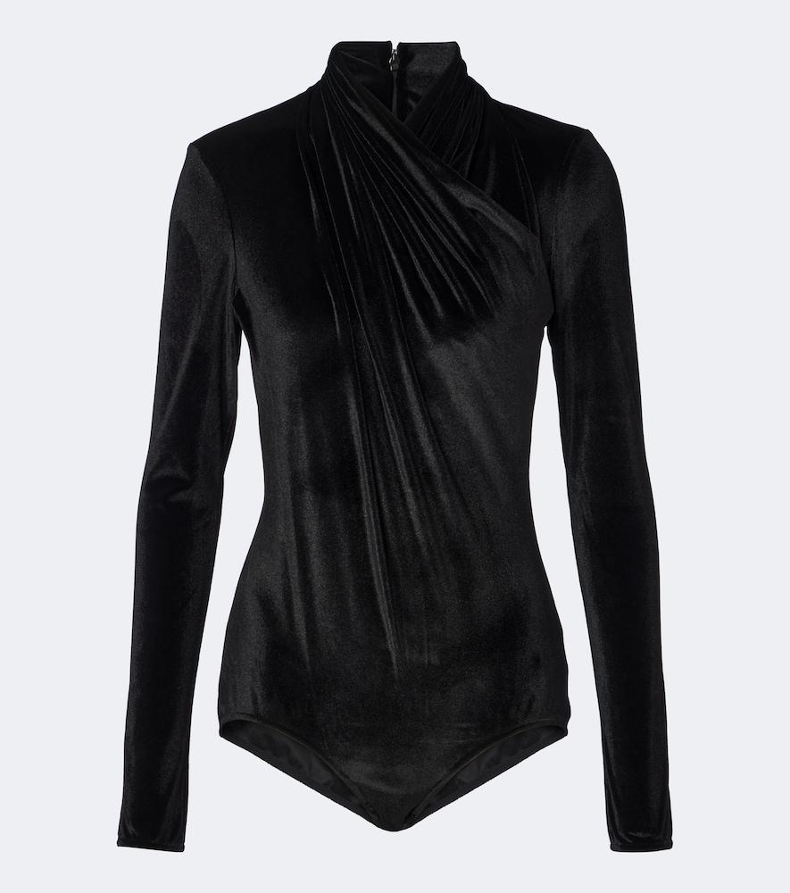mugler draped velvet bodysuit