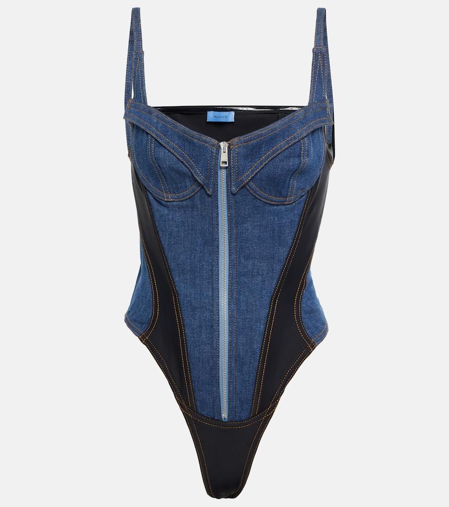 mugler paneled denim bodysuit
