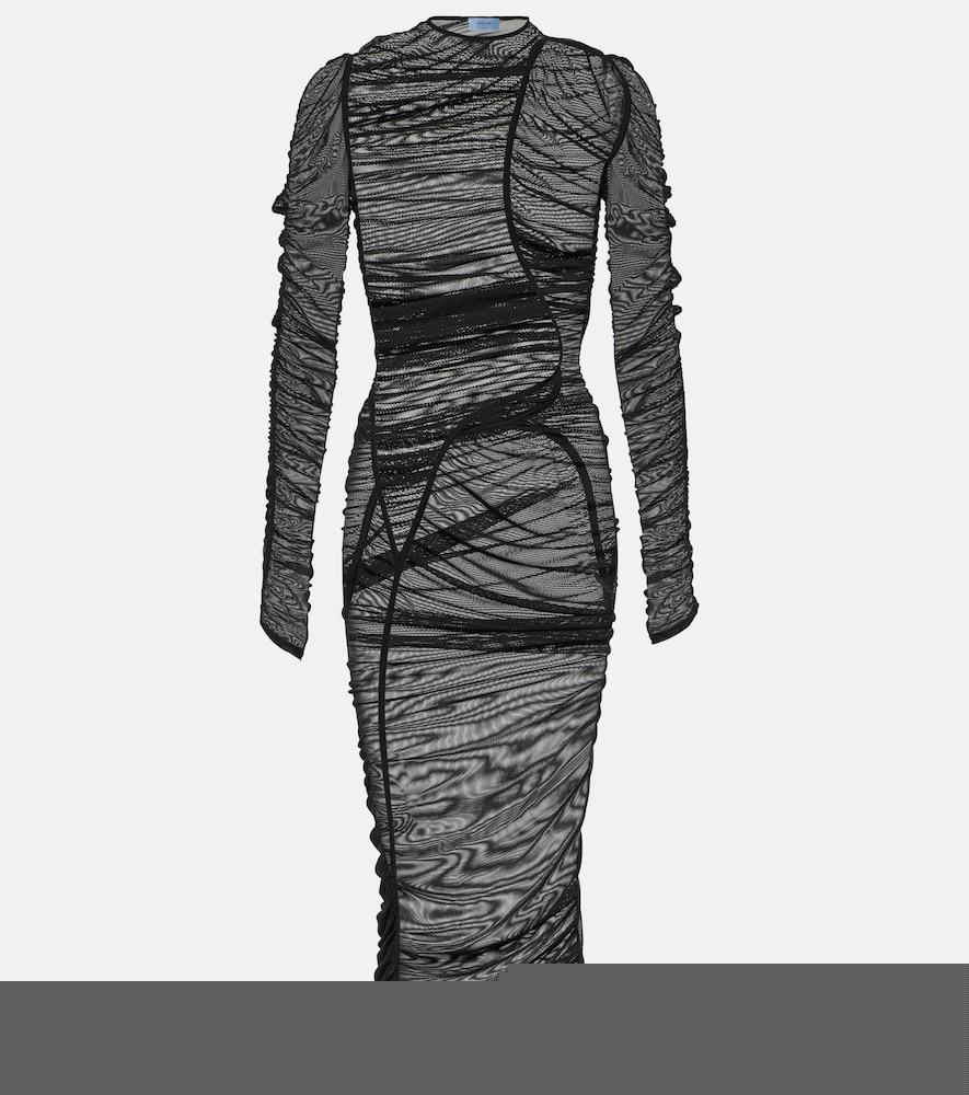 mugler ruched mesh midi dress