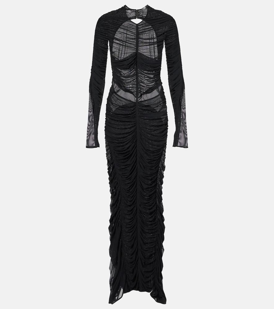 mugler ruched open-back mesh gown