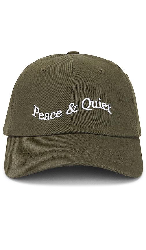 museum of peace and quiet wordmark dad hat in green.