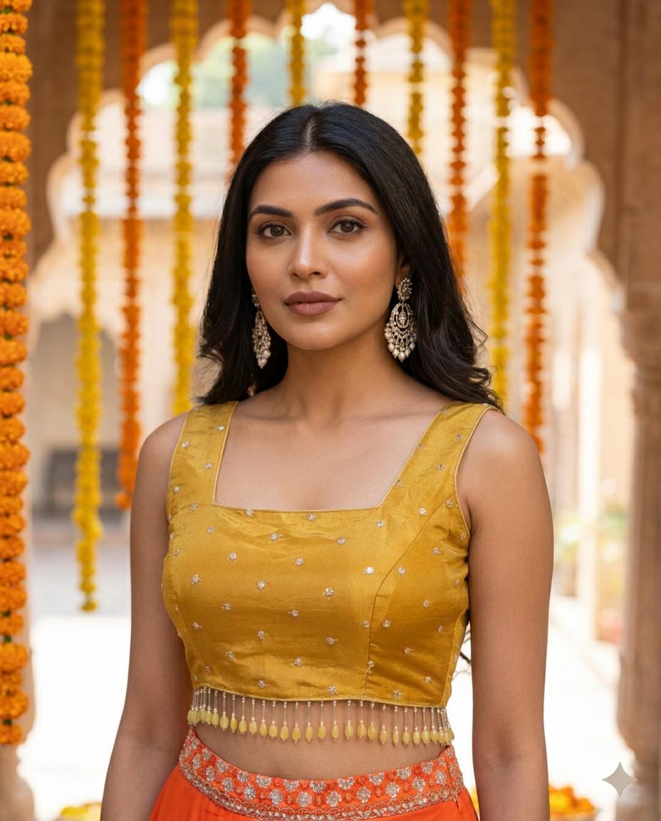 mustard-yellow hand embroidered blouse