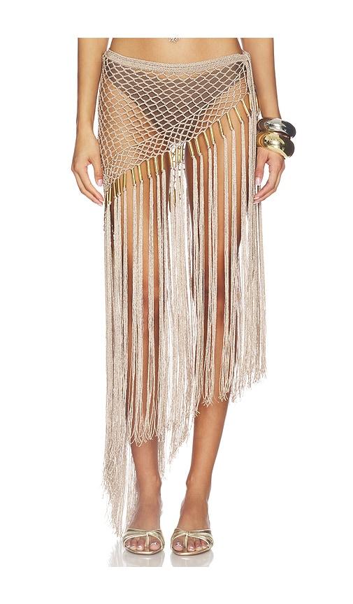 my beachy side aria hand crochet fringe skirt in metallic bronze. - size l (also in m)
