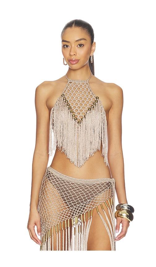 my beachy side aria hand crochet halter top in metallic bronze. - size l (also in s, m)
