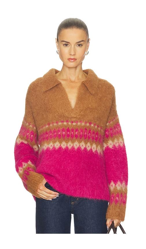 naadam italian luxe brushed fair isle polo in tan,pink. - size l (also in s)