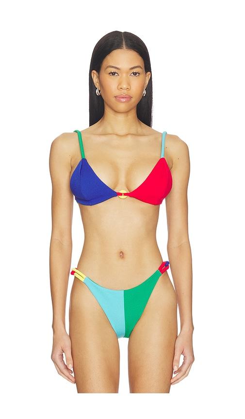 nau bikinis link strap triangle bikini top in red,blue. - size l (also in s, xs)