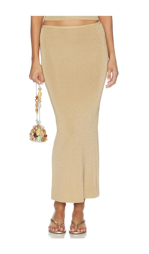 nbd nyla shimmer midi skirt in metallic gold. - size l (also in xxs, xs, s, m, xl)