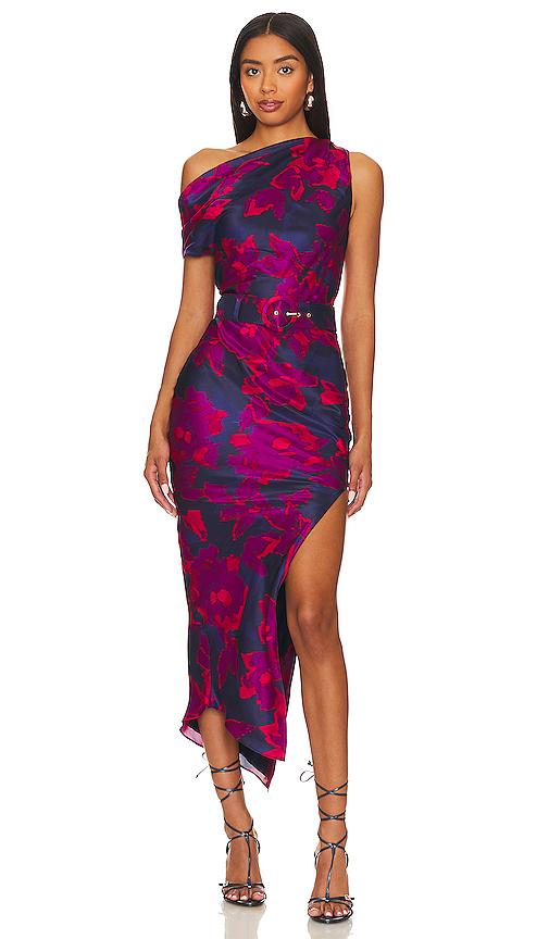 nicholas calantha off shoulder midi dress in navy. - size 0 (also in 2, 4)