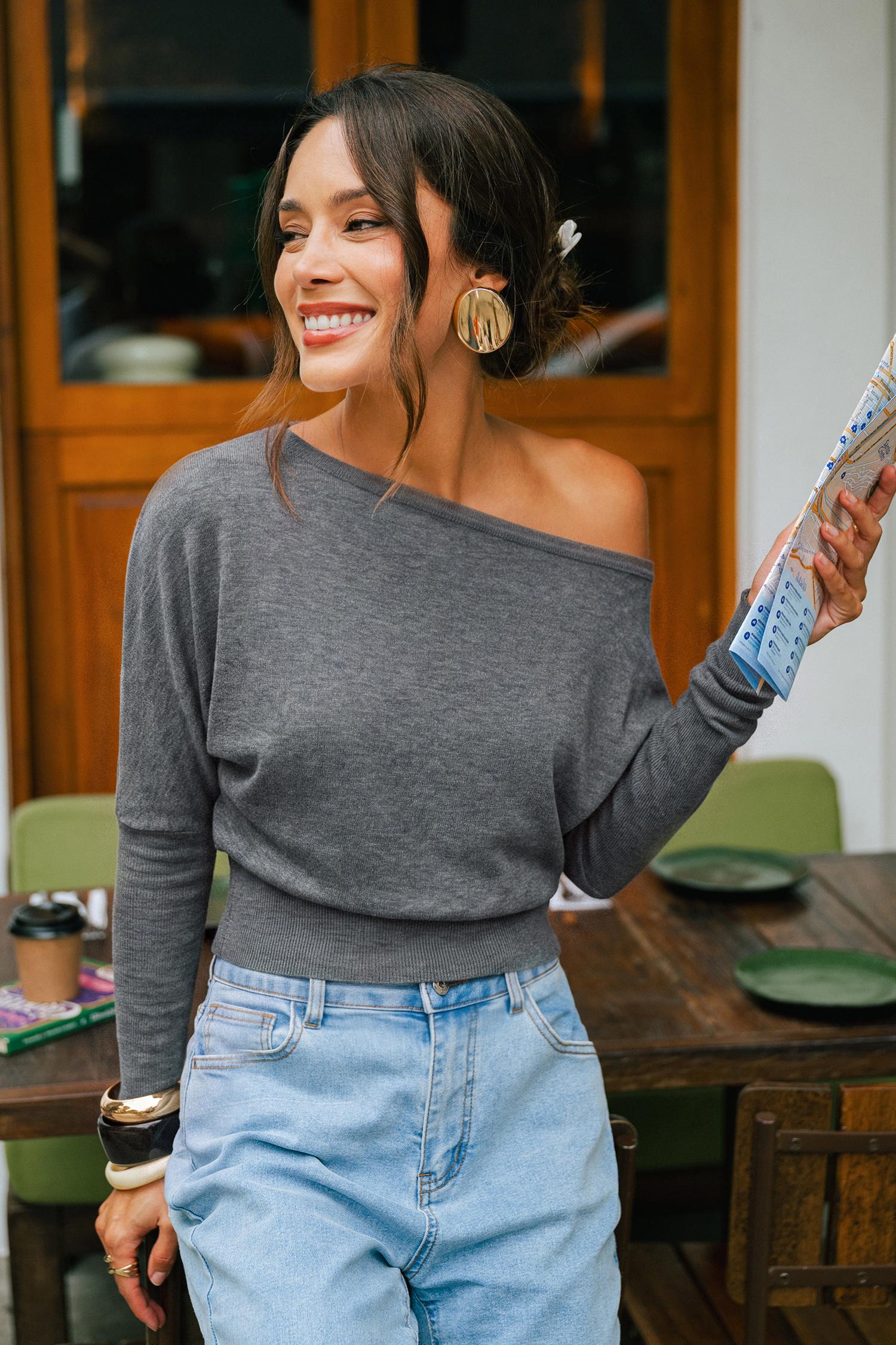 night out grey knit top - l
