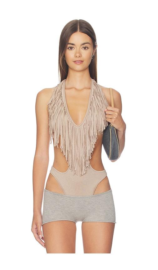 niihai fringe bodysuit in cream. - size l (also in m)