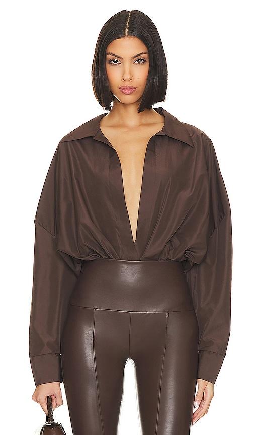 norma kamali oversized boyfriend shirt bodysuit in chocolate. - size l (also in xs, s, m, xl)