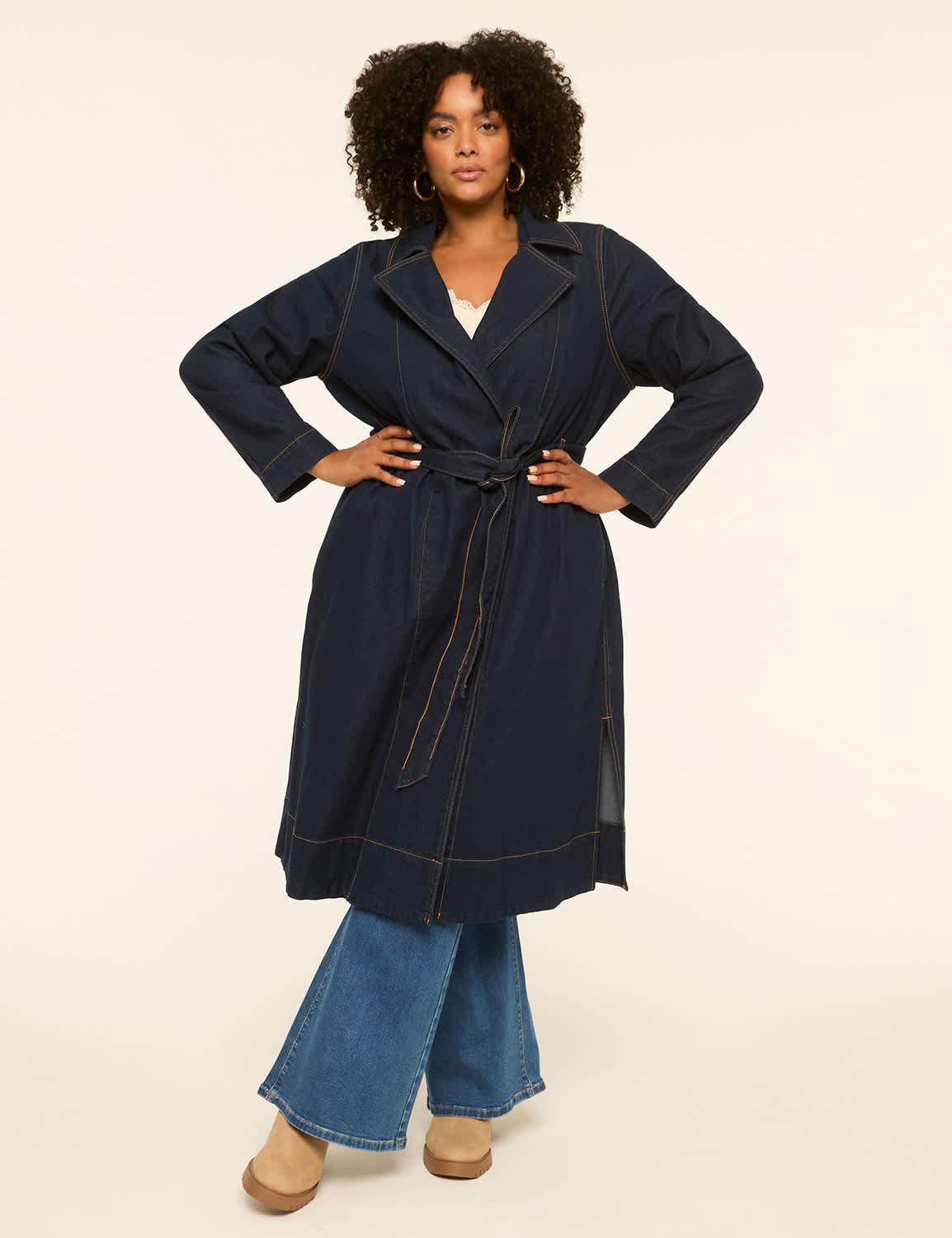 notch-collar belted denim jacket