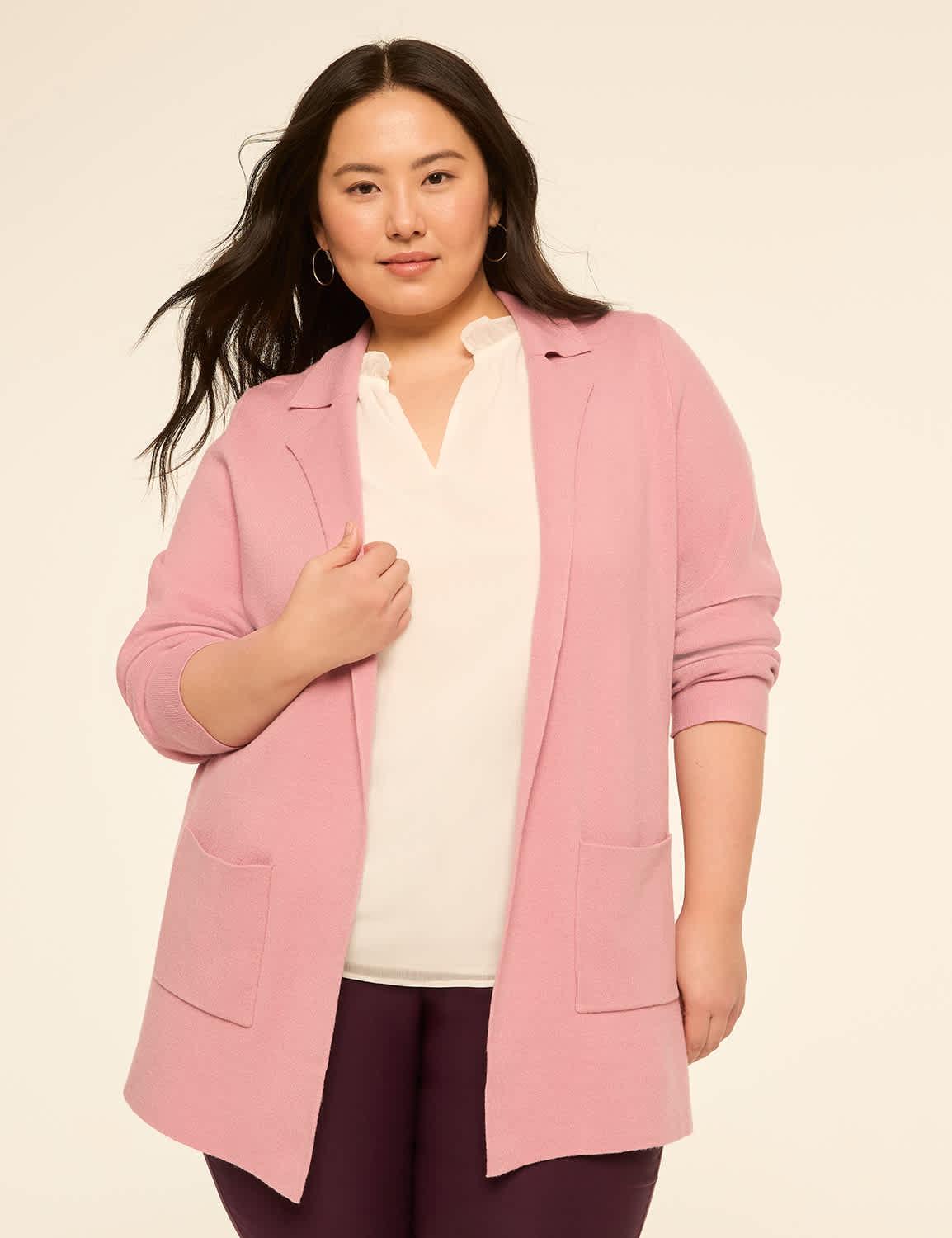 notch-collar open-front sweater blazer