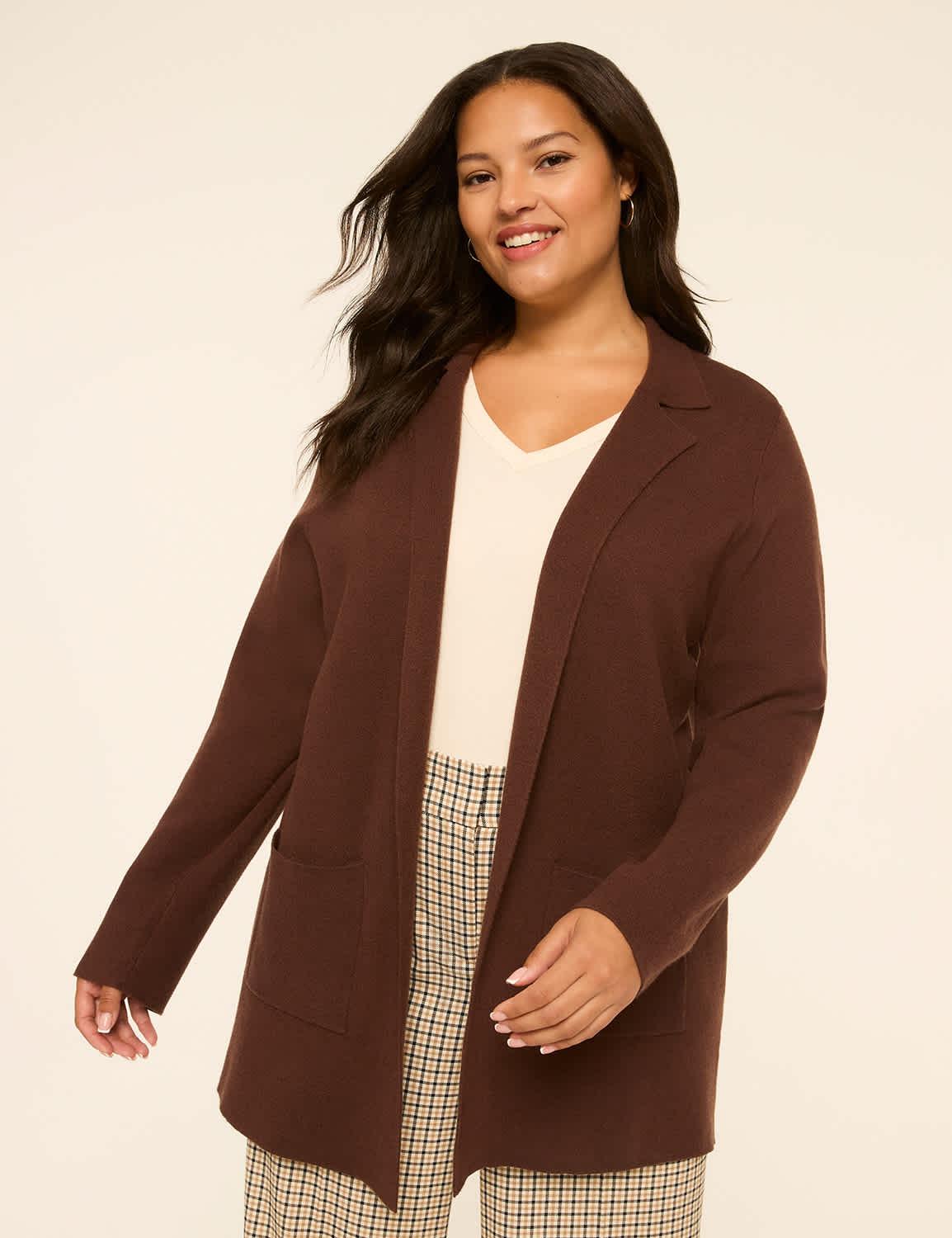 notch-collar open-front sweater blazer