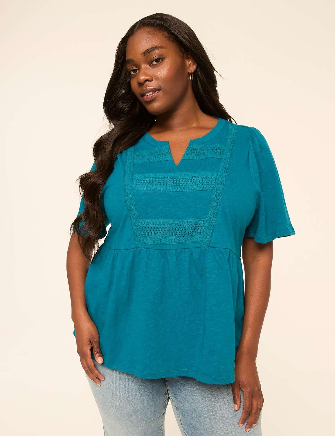 notch-neck flutter-sleeve lace-trim peplum top