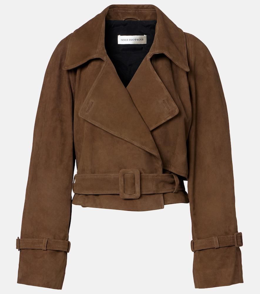 nour hammour hatti belted cropped suede trench coat