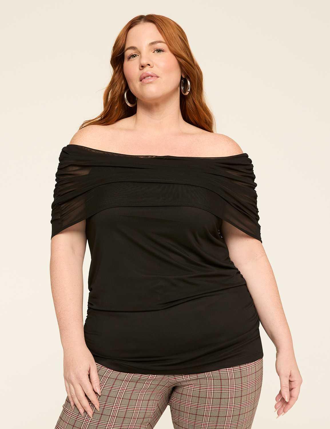 off-the-shoulder side ruched mesh top