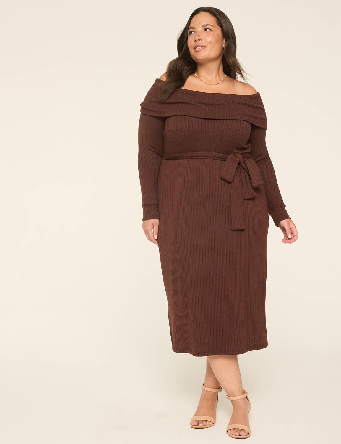 off-the-shoulder sweater midi dress