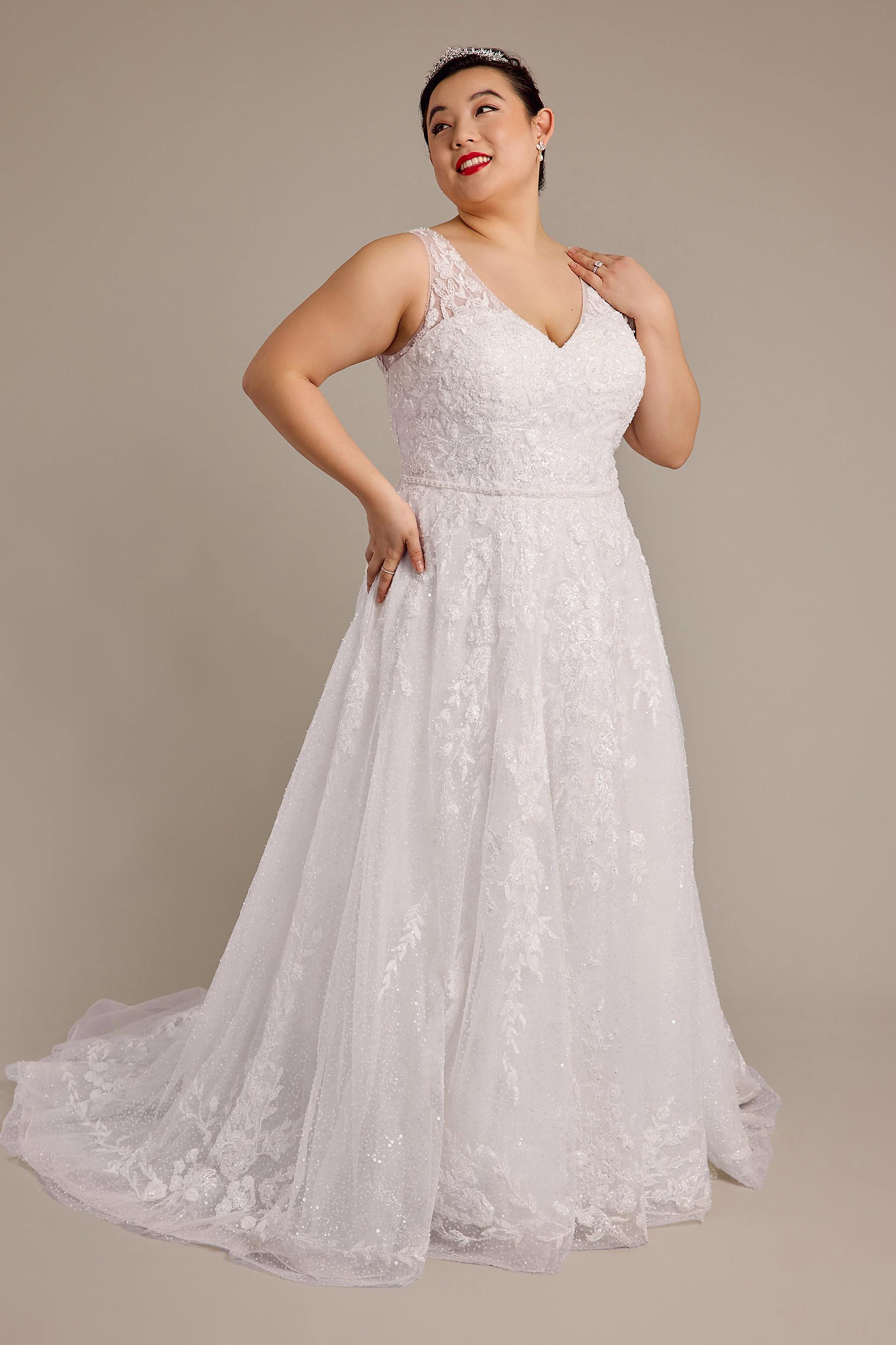 oleg cassini allover beaded tank a-line wedding dress in white size: 4 david's bridal