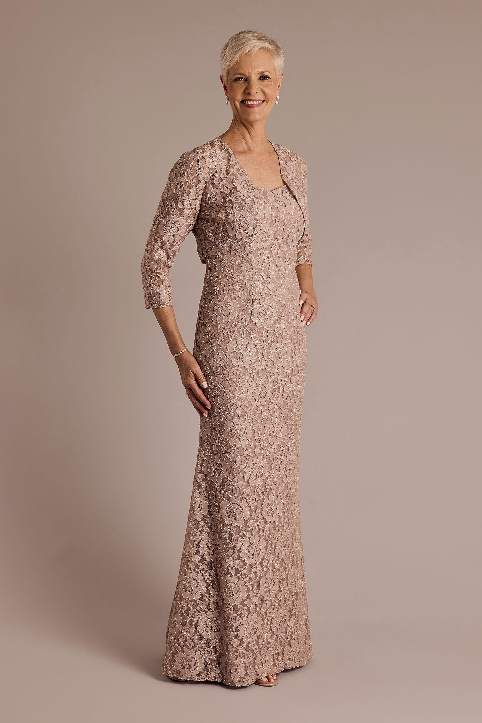 oleg cassini allover lace three-quarter sleeve jacket dress in blush size: 2 david's bridal