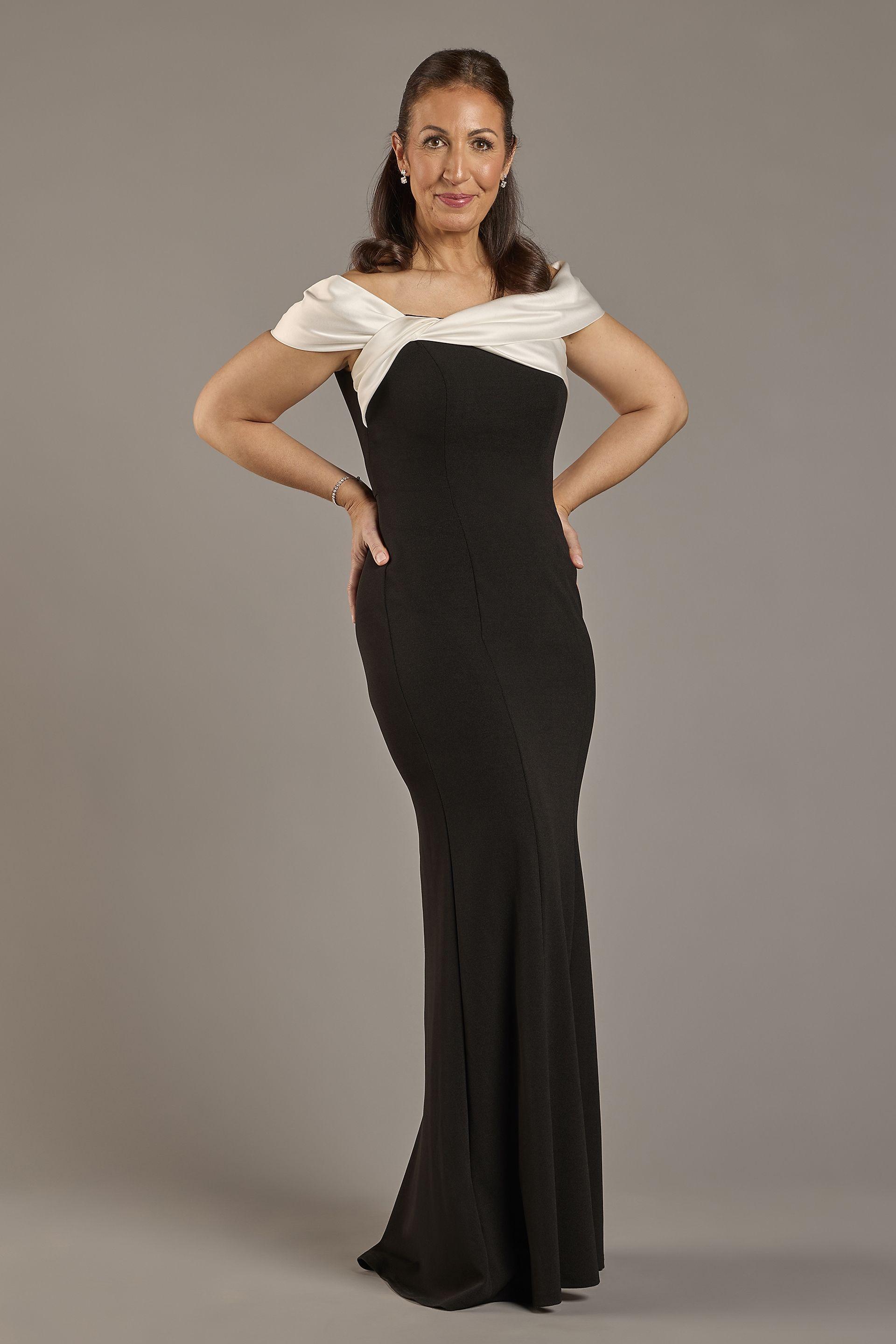 oleg cassini color block off-the-shoulder sheath dress in black/white size: 6 david's bridal