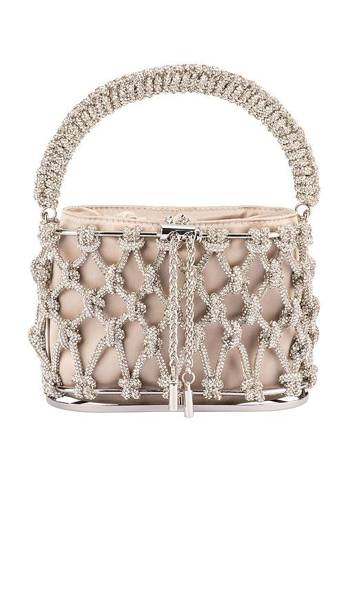 olga berg amelia crystal cage bag in metallic neutral.