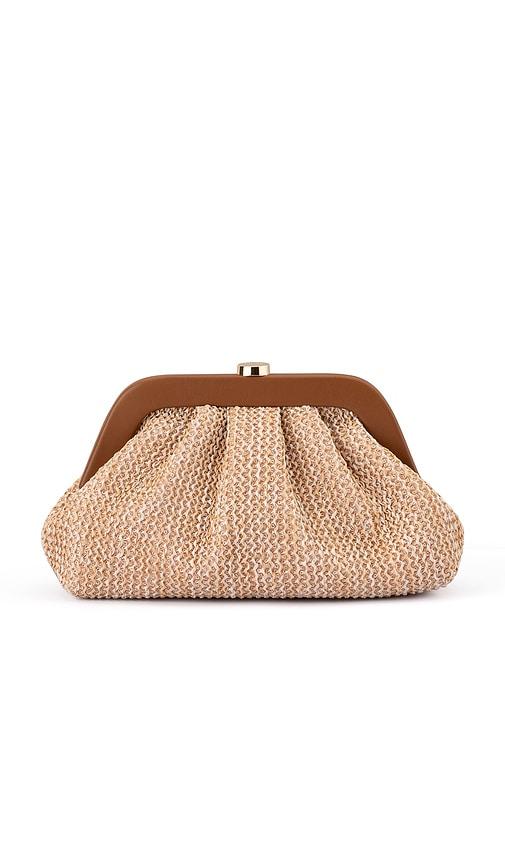olga berg ash woven clutch in tan.