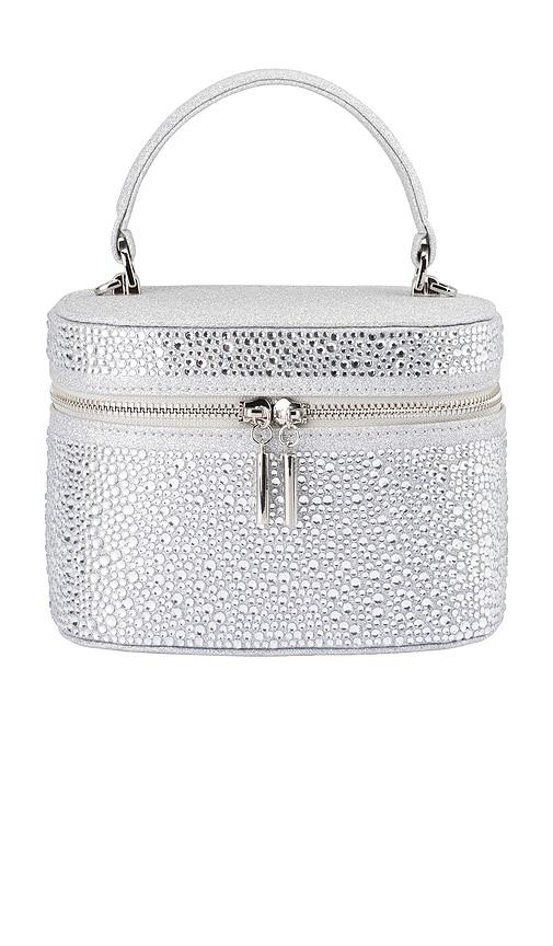 olga berg beckie zip top crystal bag in metallic silver.