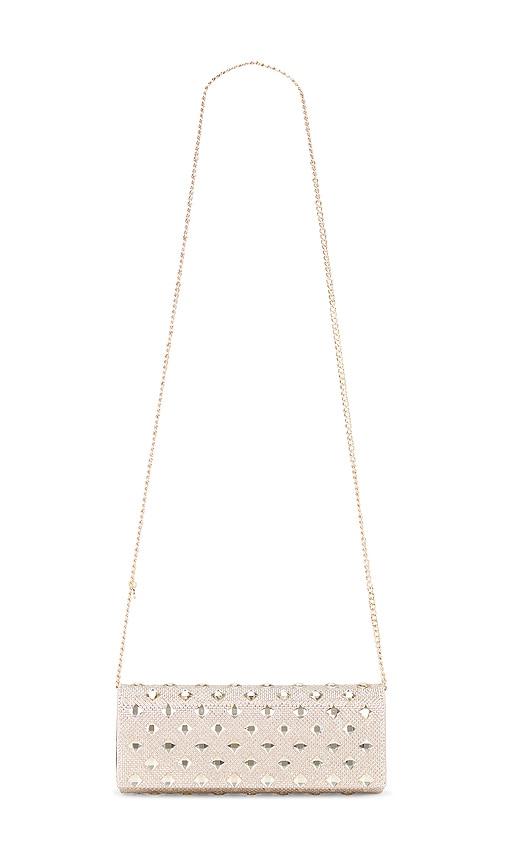 olga berg bridgette crystal clutch in metallic neutral.