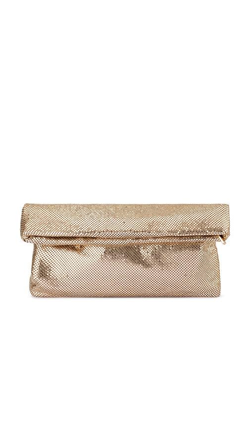 olga berg clem oversized clutch in metallic gold.