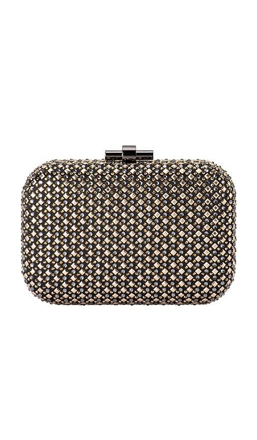 olga berg ellen hotfix clutch in metallic neutral.
