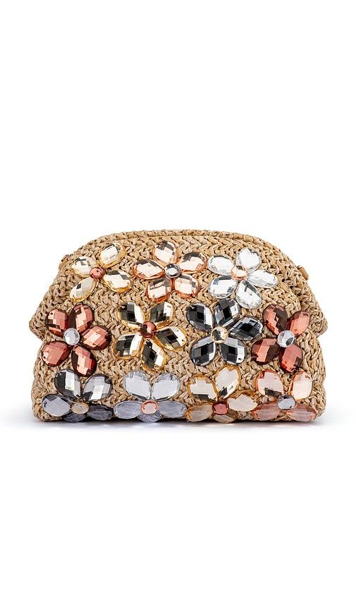 olga berg fern crystal embellished clutch in neutral.