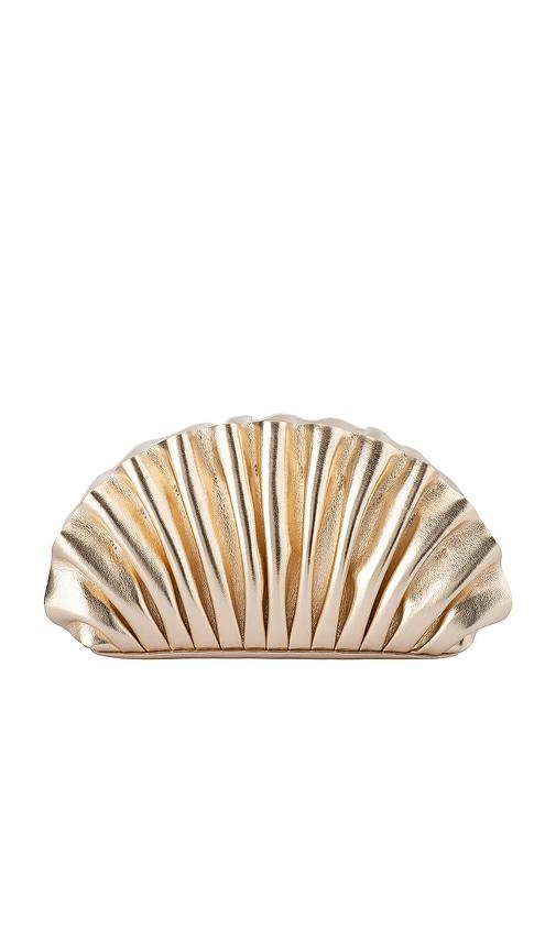 olga berg hollie pleated clutch in metallic gold.