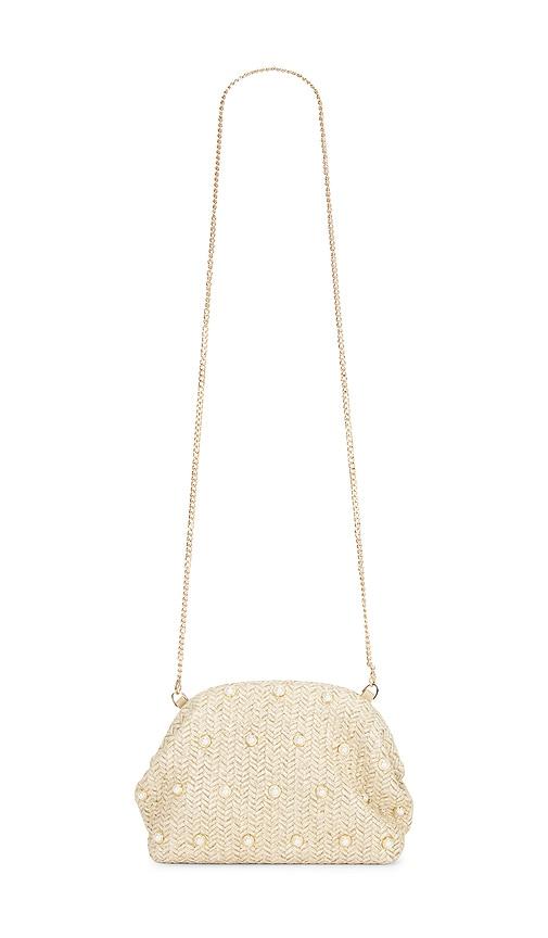 olga berg kaia studded woven clutch in neutral.