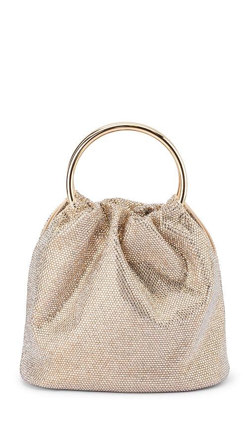 olga berg mabel crystal top handle bag in metallic neutral.