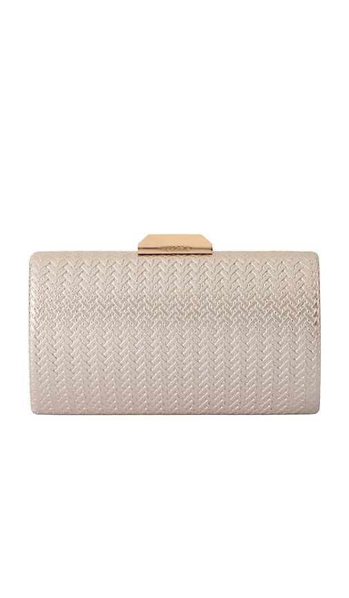 olga berg marika embossed clutch in metallic gold.