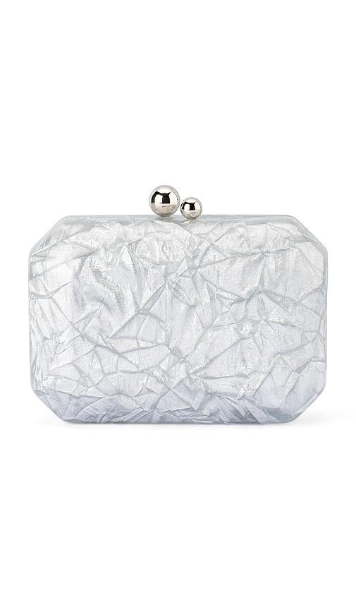 olga berg mateo metallic clutch in metallic silver.