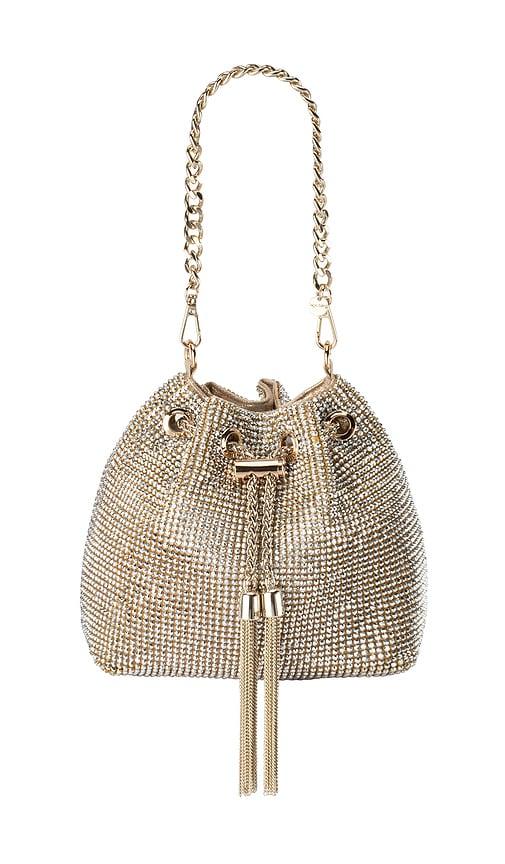 olga berg miranda top handle bag in metallic bronze.
