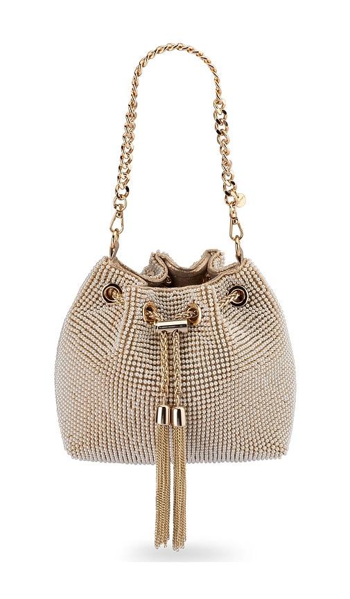 olga berg miranda top handle bag in metallic gold.