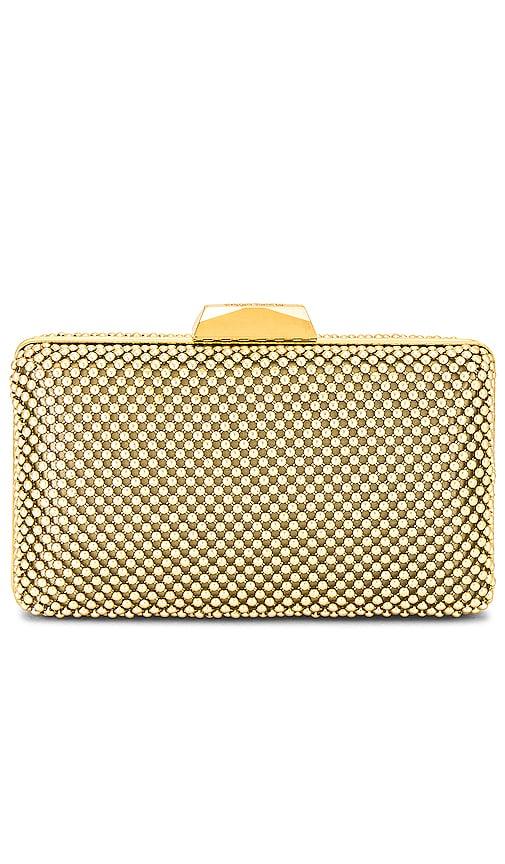 olga berg natasha ball mesh clutch in metallic gold.