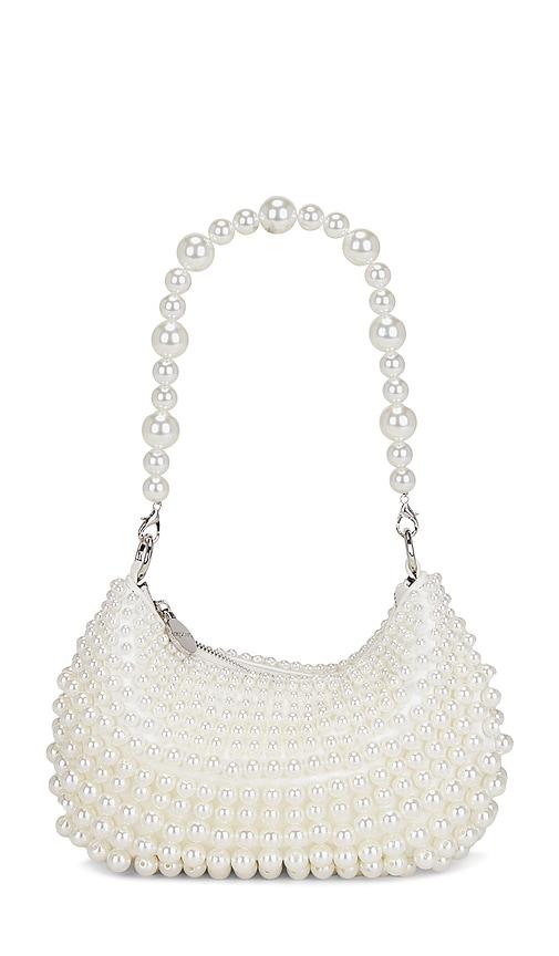olga berg pia pearl croissant bag in white.