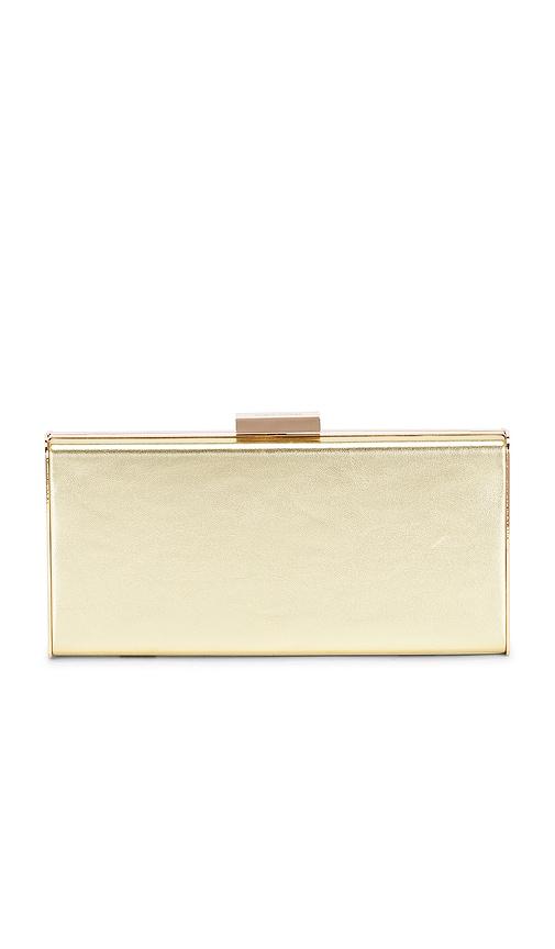 olga berg samantha slimline clutch in metallic gold.