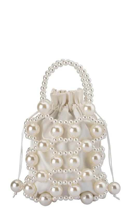 olga berg sammy beaded cage bag in metallic neutral.