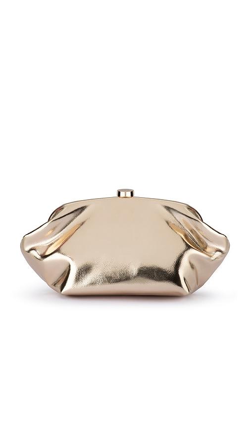 olga berg tally metallic clutch in metallic gold.