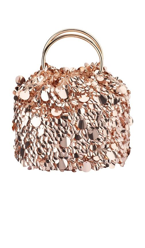 olga berg vera sequin top handle bag in blush.