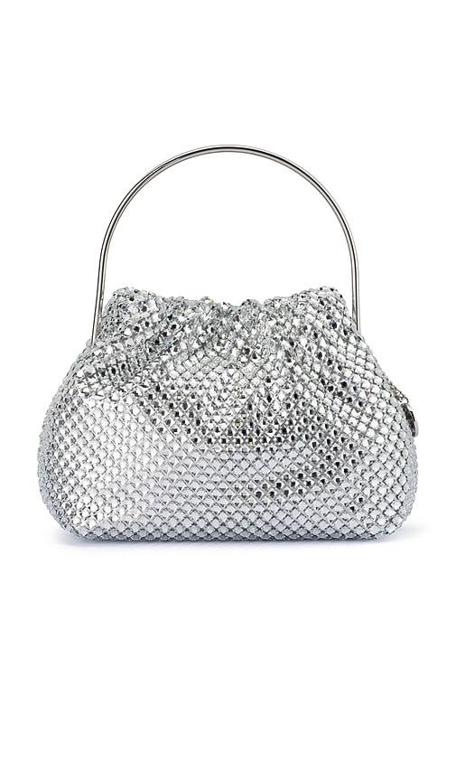 olga berg whitney crystal top handle bag in metallic silver.